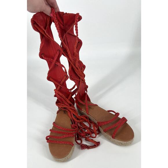 FREE PEOPLE Red Braided Leather Bondi Tall Gladiator Espadrilles Sandals - Picture 4 of 16